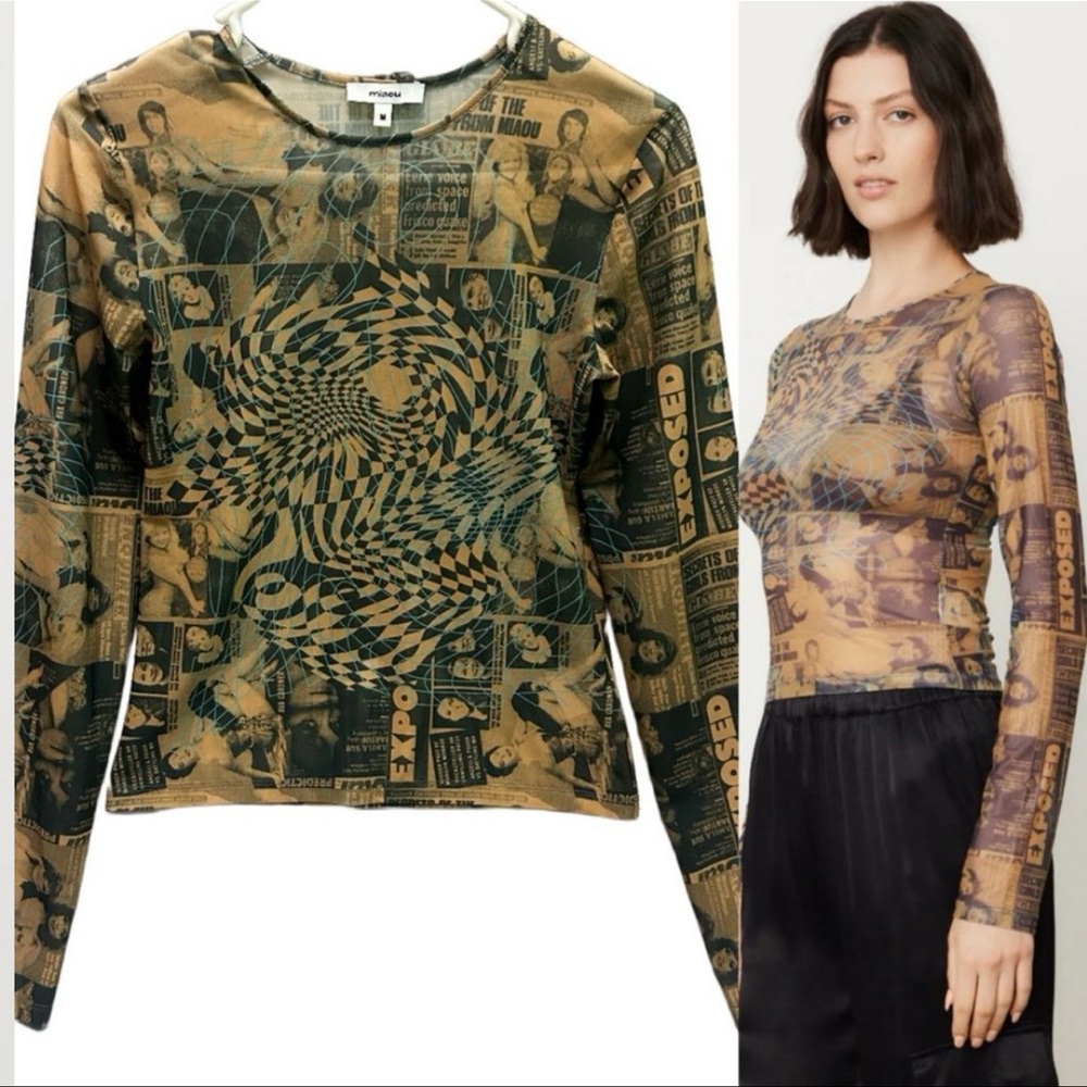 Miaou Graphic Long Sleeve Top - Brown and Black M